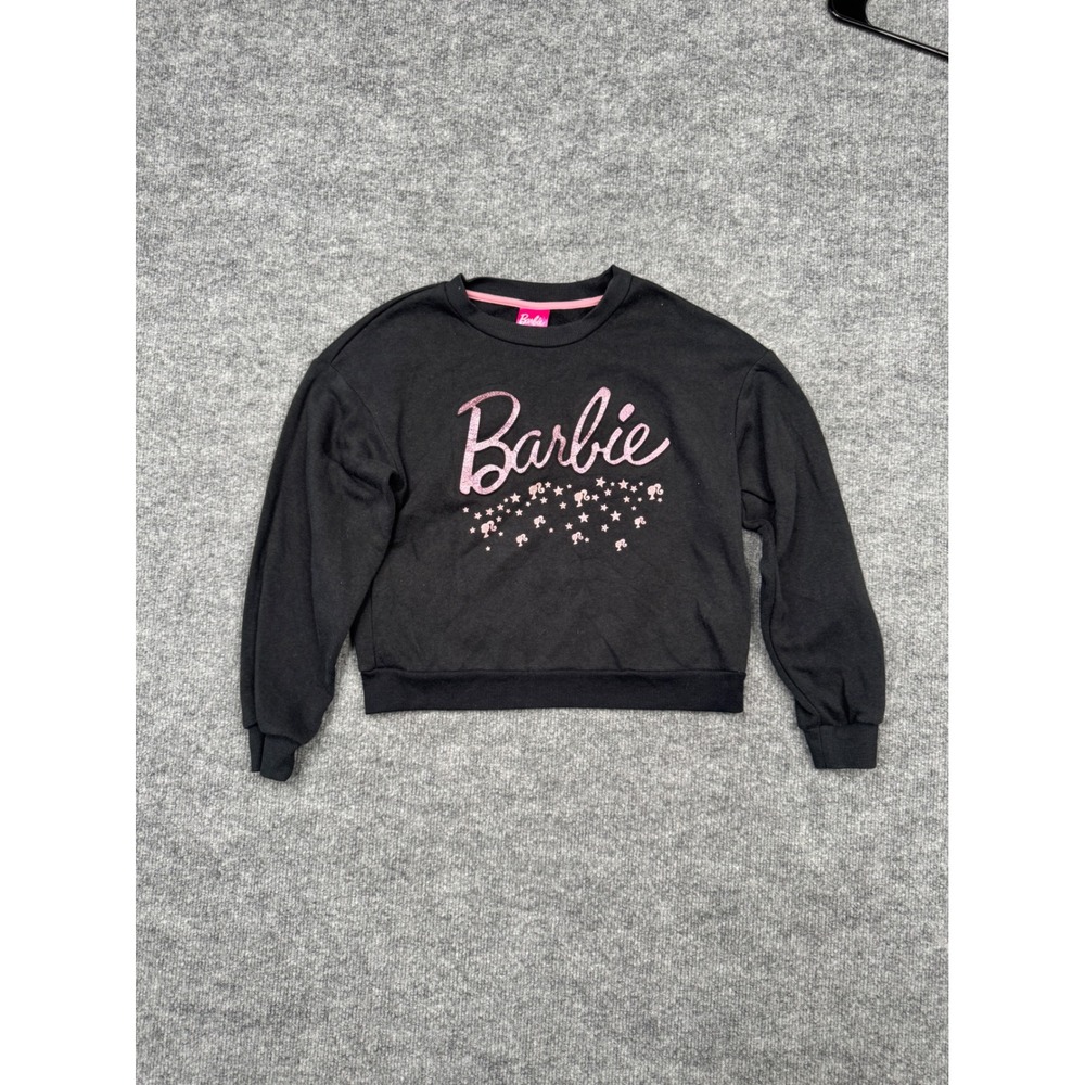 Barbie Mattel Girls Black Pink Glitter Logo Pullover Sweatshirt Size 7/8